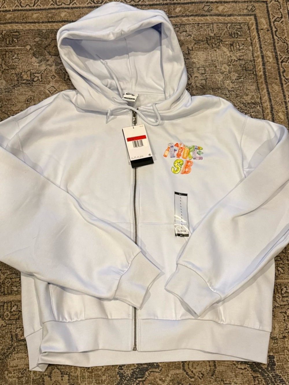 White Nike Zip Hoodie with Colorful 'SB' Logo - Kids